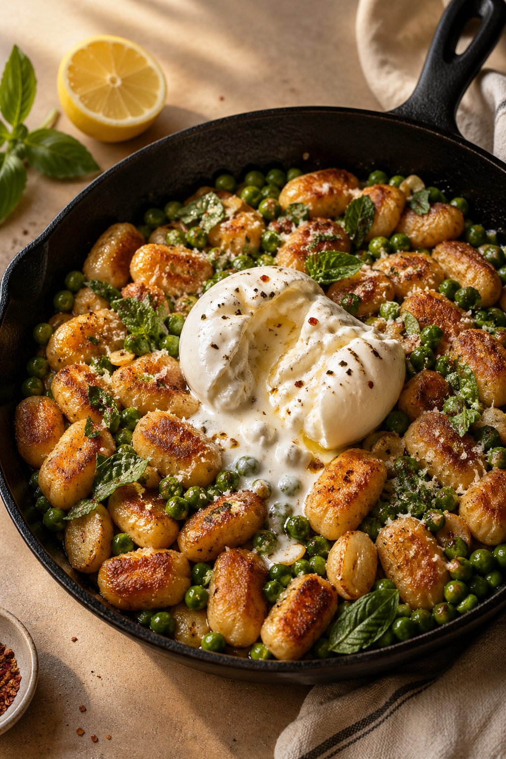 Crispy Gnocchi with Brown Butter, Peas & Burrata