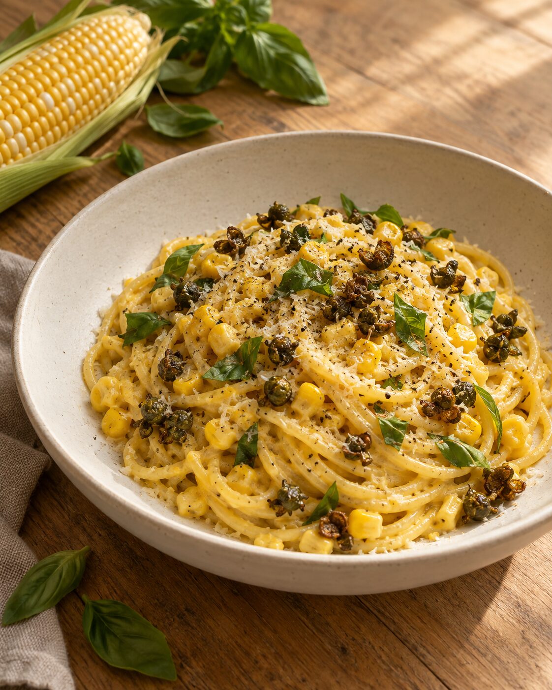 Sweet Corn Carbonara with Crispy Capers and Basil