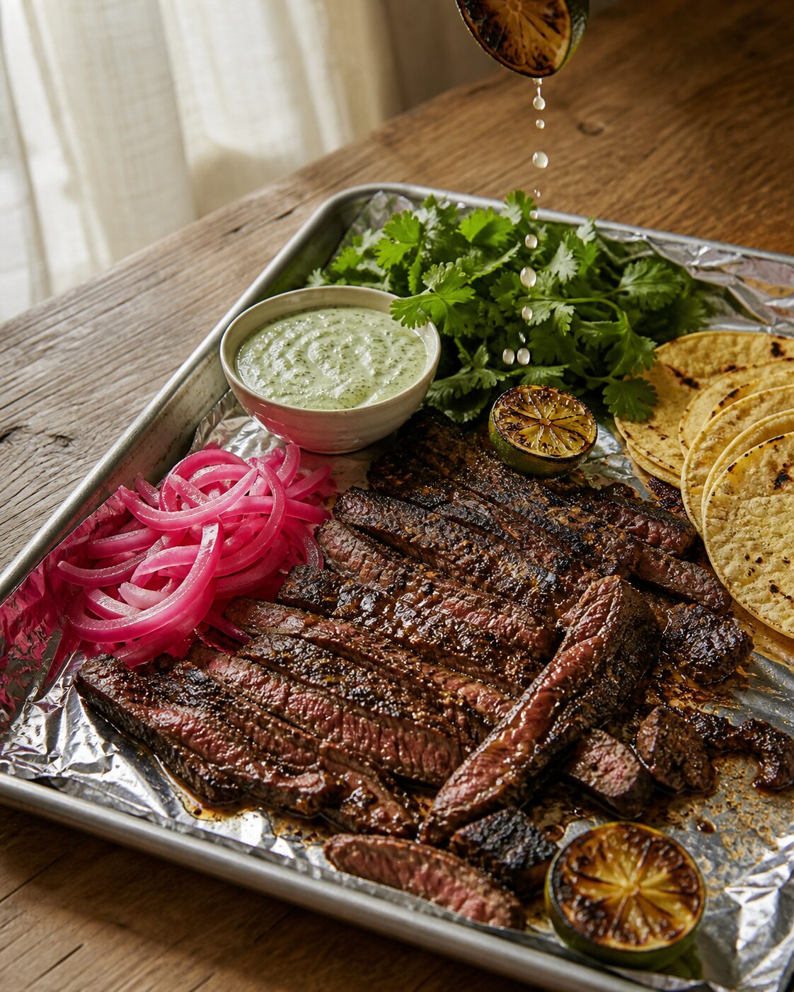 Sheet-Pan Carne Asada with Charred Lime and Cilantro Crema