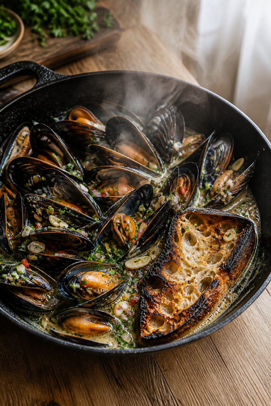 Quick White Wine Mussels with Garlicky Charred Sourdough