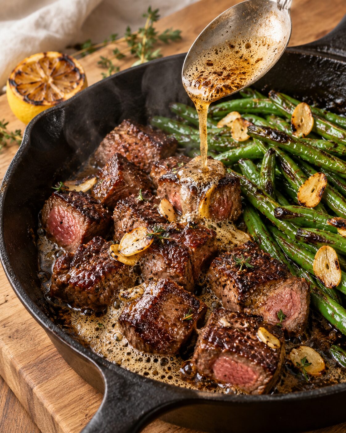 Brown Butter Steak Bites with Blistered Green Beans and Crispy Garlic