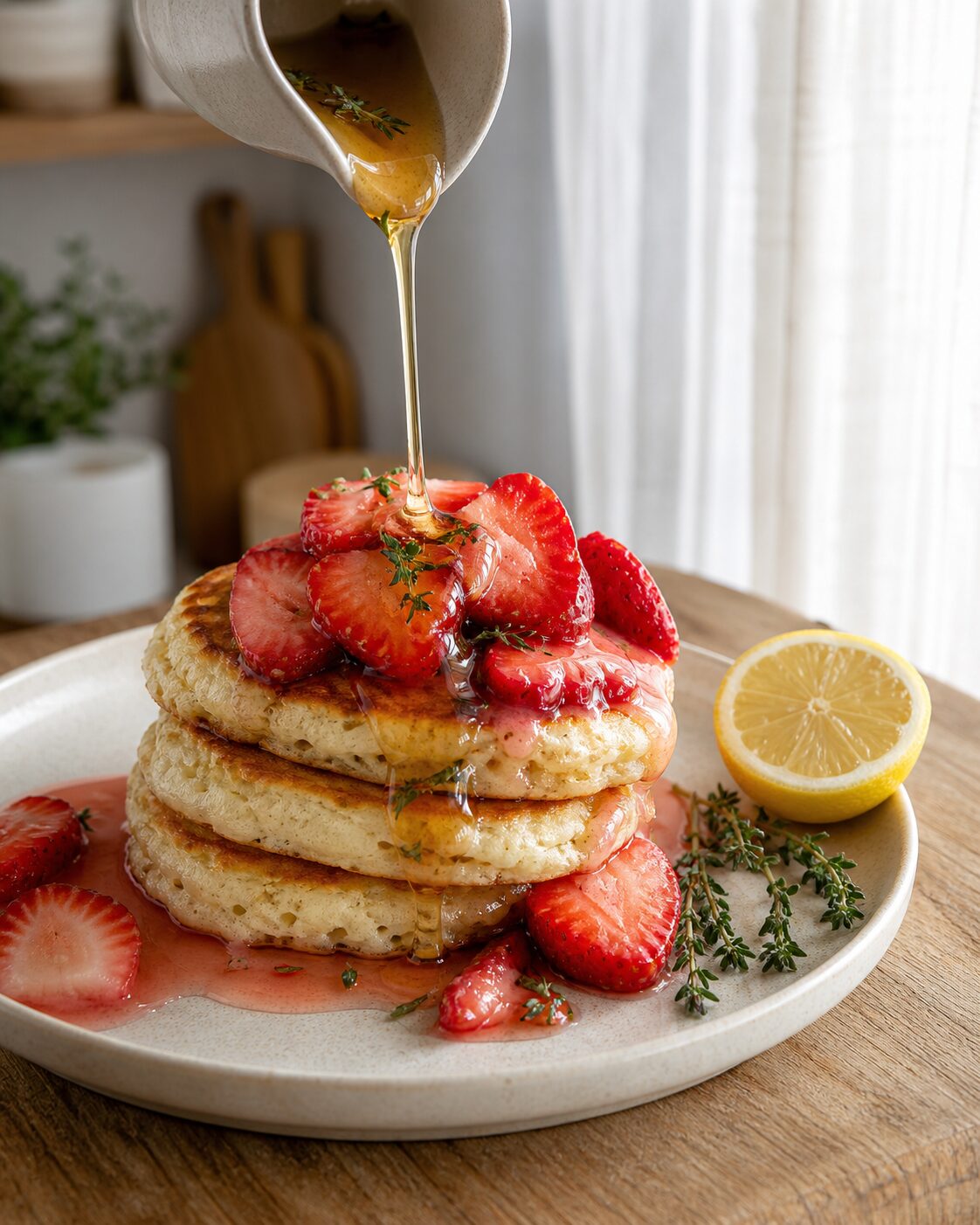 Lemon Ricotta Pancakes with Macerated Strawberries and Honey-Thyme Syrup