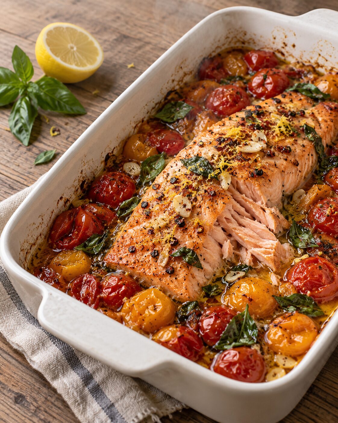 Slow-Roasted Salmon with Burst Cherry Tomatoes and Basil