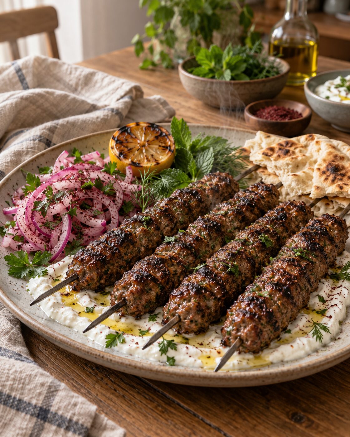 Grilled Lamb Kofta Skewers with Garlicky Herb Yogurt and Sumac Onions