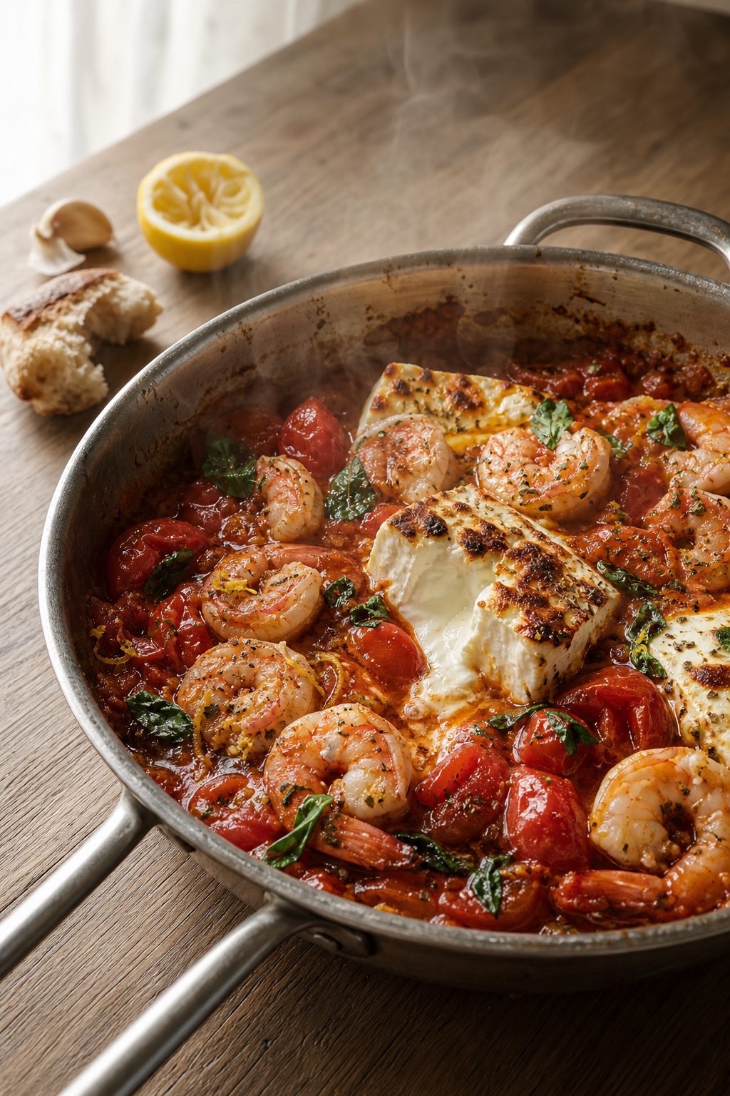 Shrimp Saganaki with Blistered Feta and Burst Cherry Tomatoes