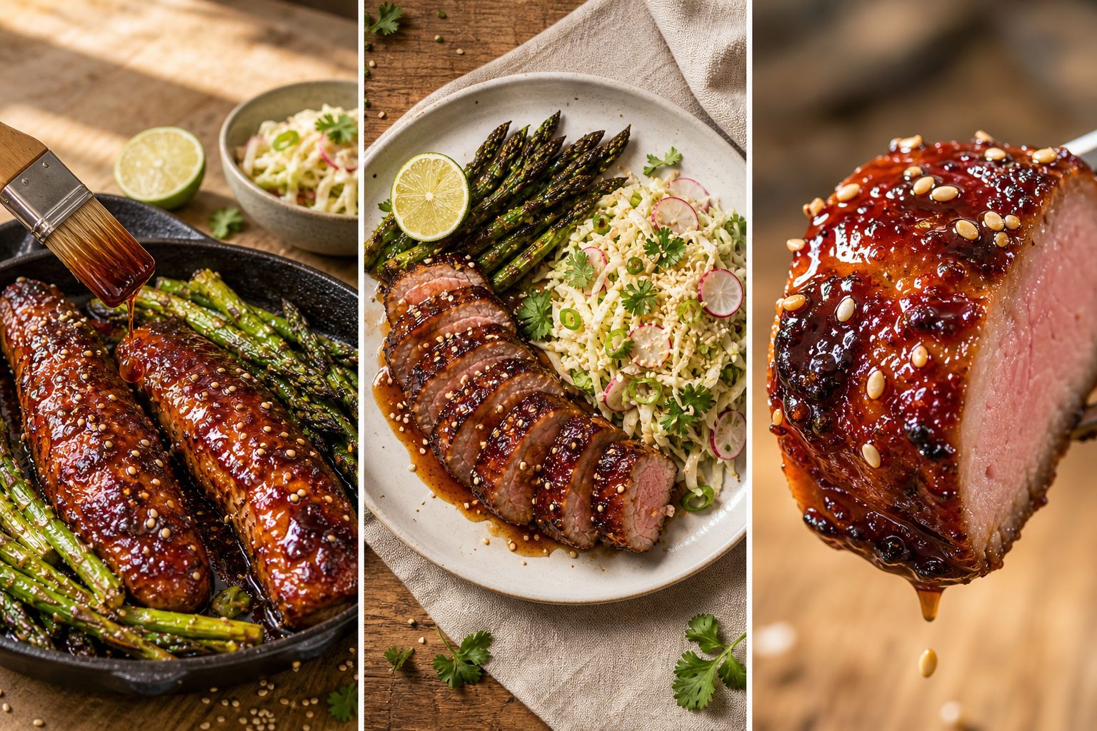 Sticky Honey-Soy Pork Tenderloin with Charred Asparagus and Sesame-Lime Slaw