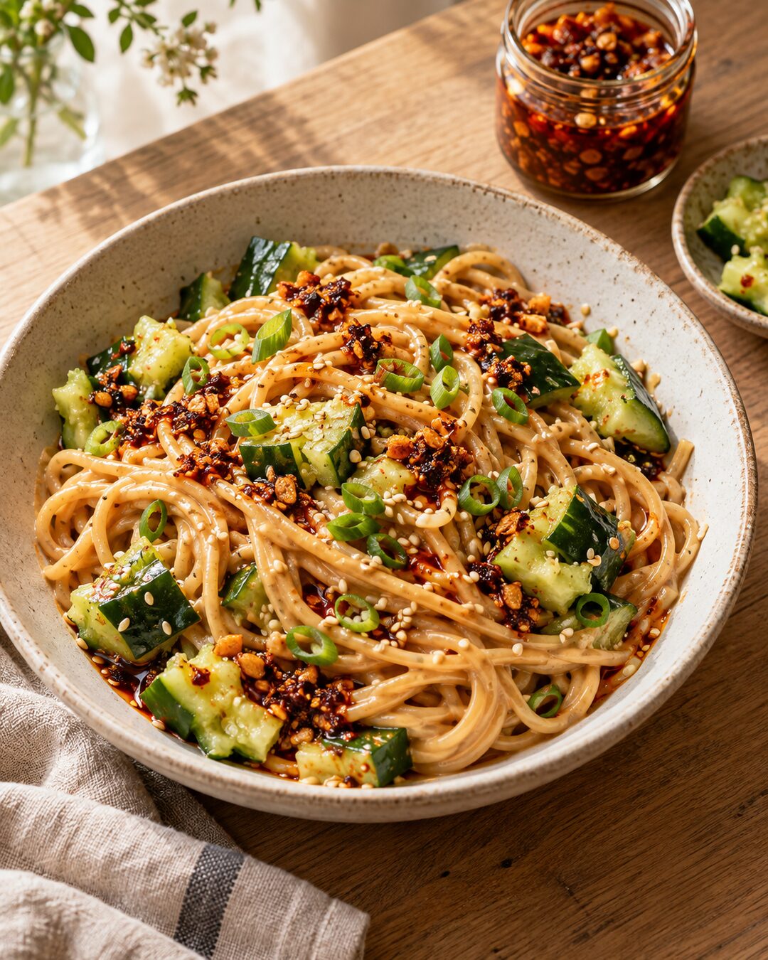 Cold Sesame Noodles with Smashed Cucumbers and Chili Crisp