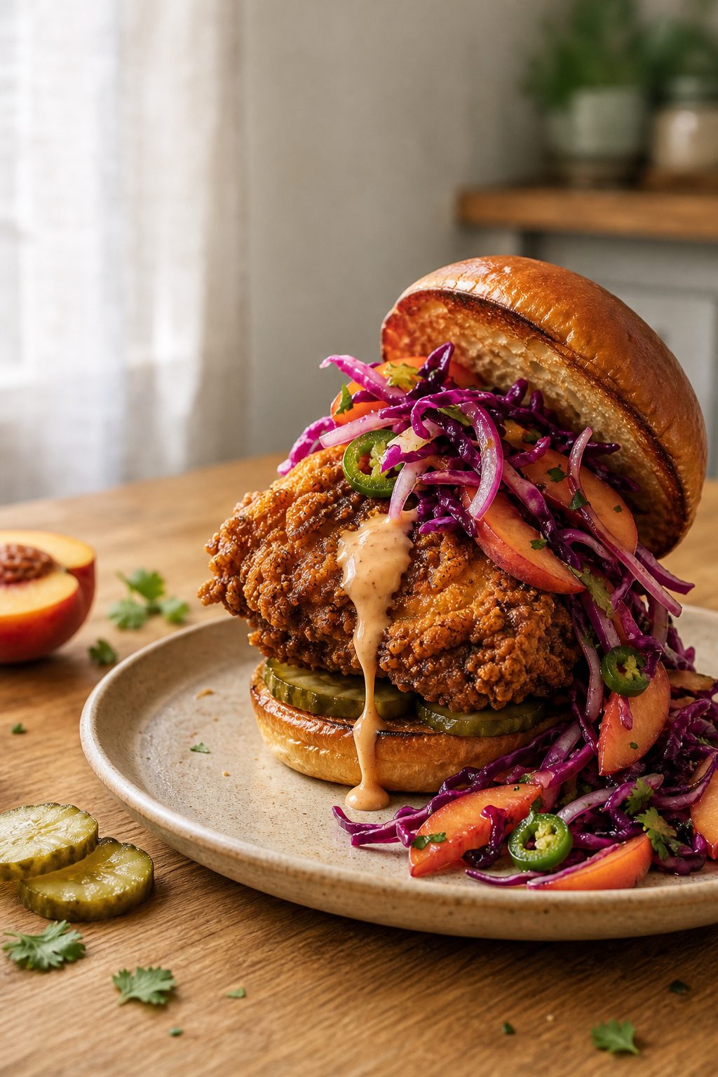 Crispy Buttermilk Fried Chicken Sandwiches with Peach-Jalapeño Slaw