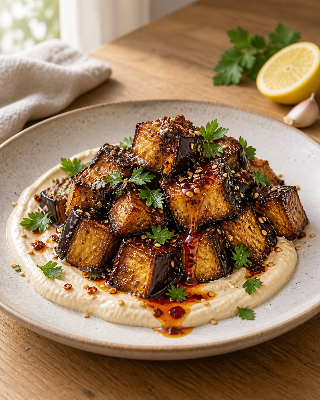 Crispy Roasted Eggplant with Whipped Tahini and Chili-Maple Drizzle