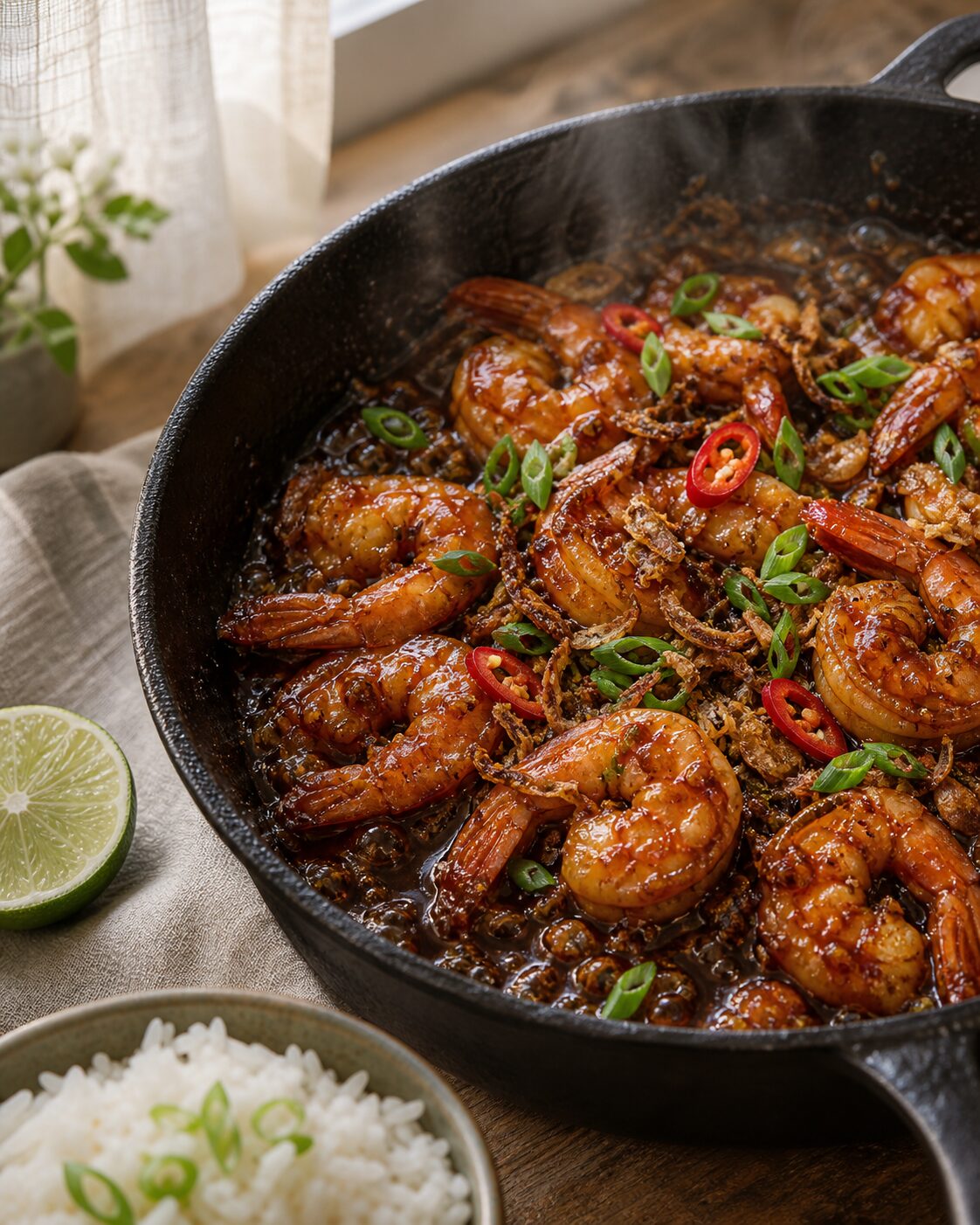 Vietnamese Caramel-Glazed Shrimp with Crispy Shallots and Lime