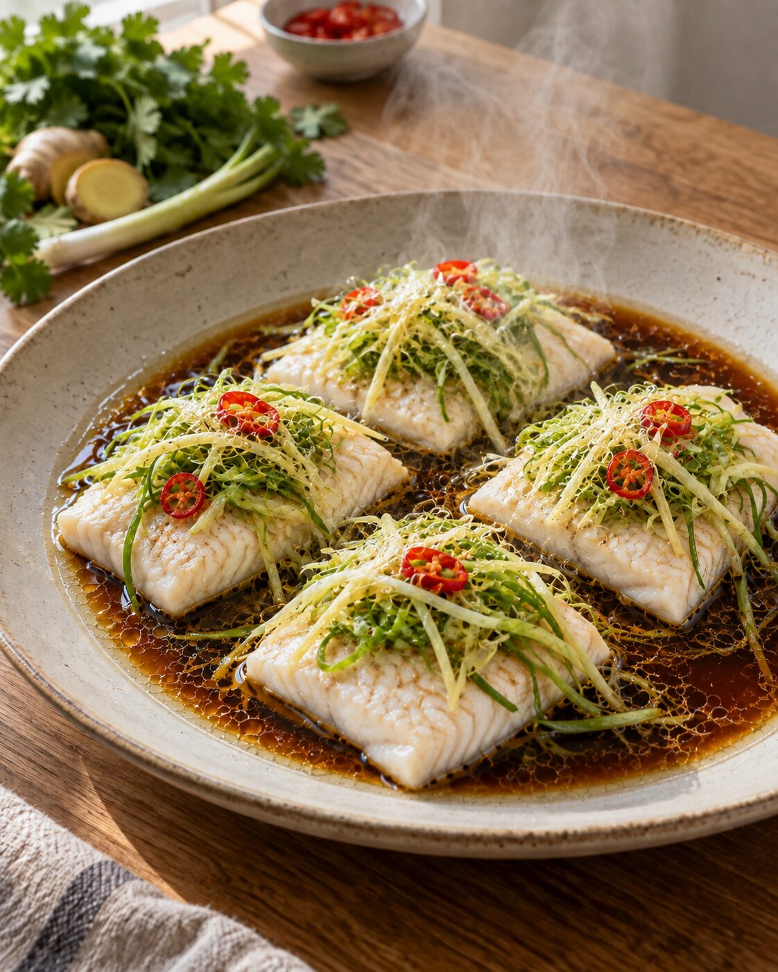 Ginger-Scallion Steamed Sea Bass with Sizzling Oil