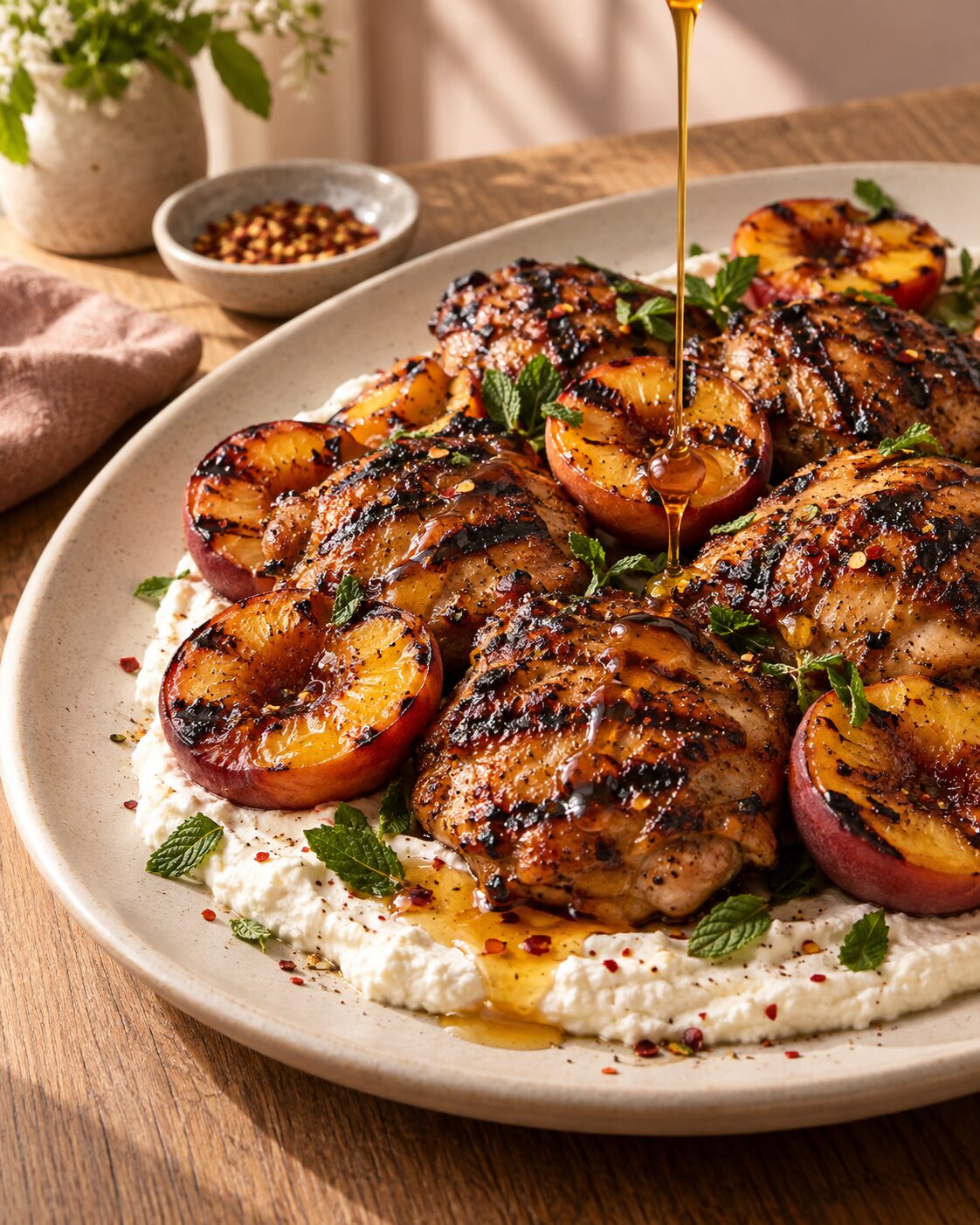 Grilled Hot Honey Chicken Thighs with Charred Peaches and Whipped Feta