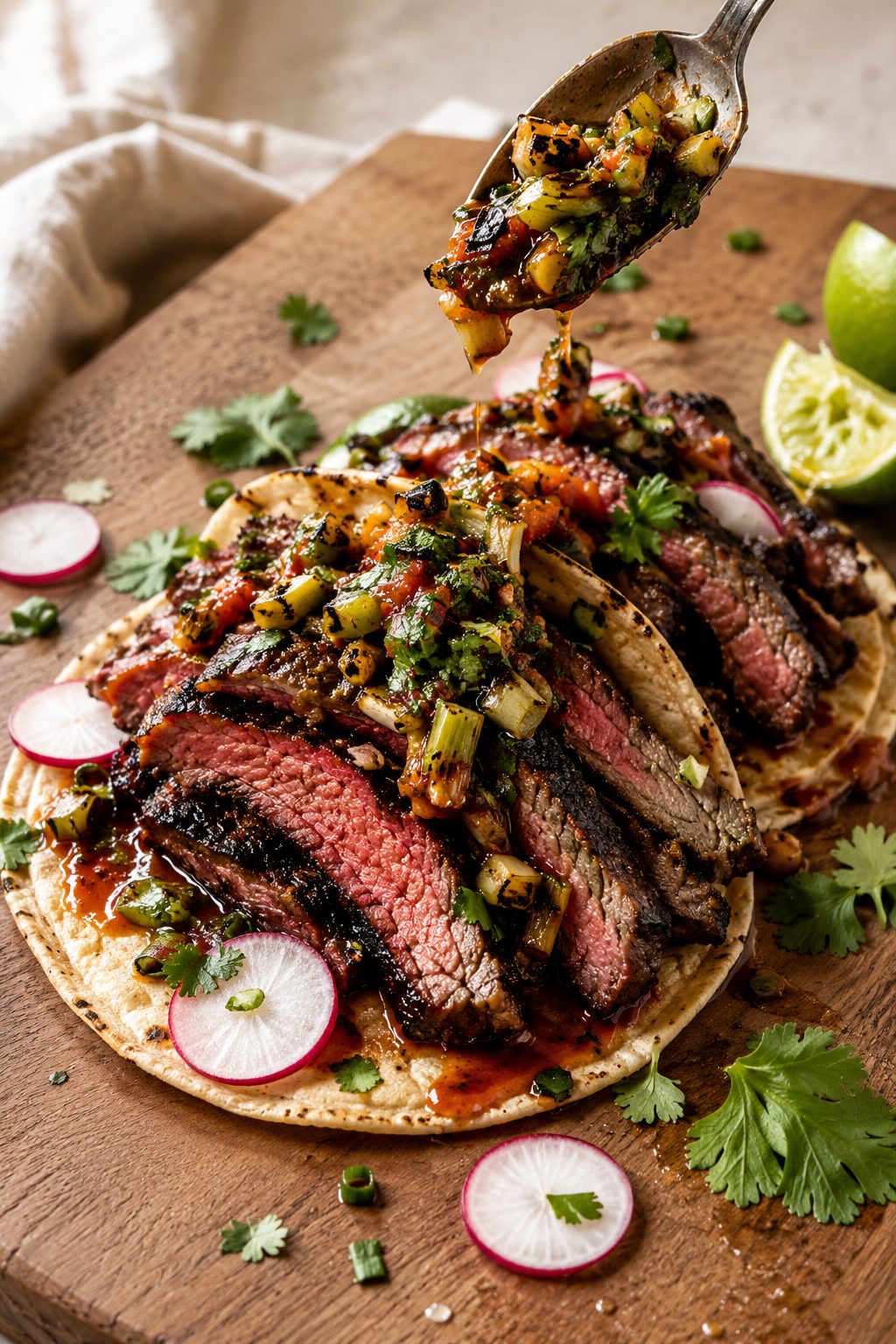 Broiler-Charred Flank Steak Tacos with Charred Scallion-Lime Salsa