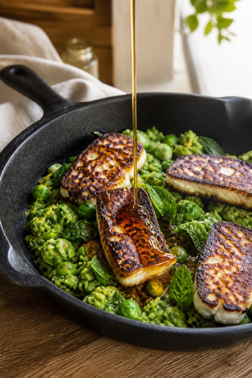 Pan-Charred Halloumi with Minted Pea Smash and Burnt Honey